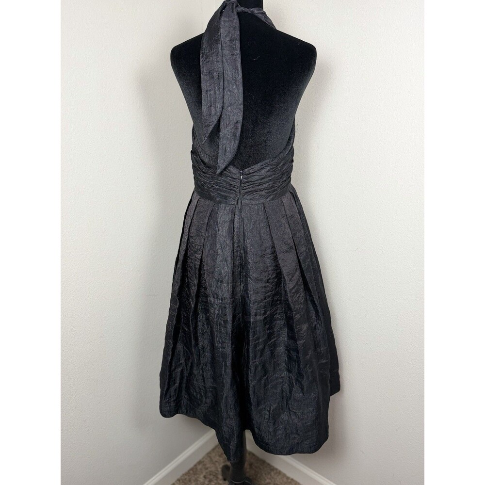 Adrianna Papell Black Halter Cocktail Dress Size 12 Pleated Satin Fit & Flare - Picture 2 of 13